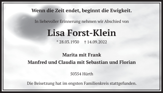 Anzeige von Lisa Forst-Klein von  Wochenende 