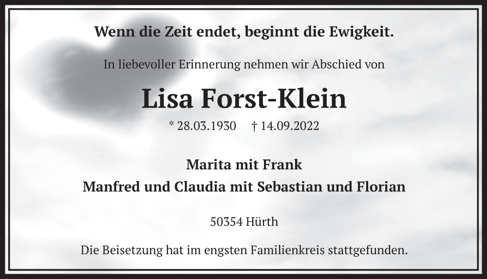  Traueranzeige für Lisa Forst-Klein vom 23.09.2022 aus  Wochenende 
