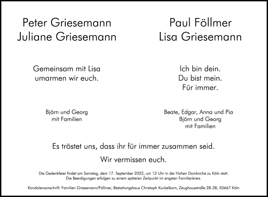 Anzeige von Lisa Griesemann von Kölner Stadt-Anzeiger / Kölnische Rundschau / Express