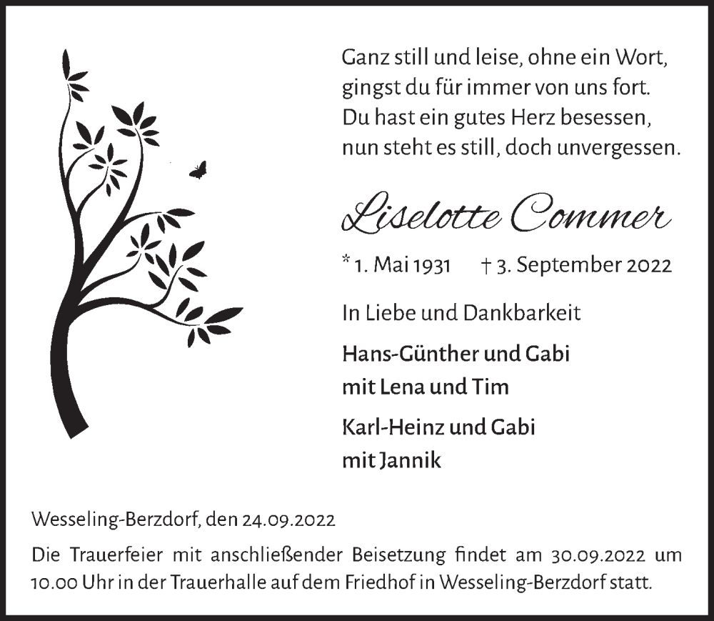  Traueranzeige für Liselotte Commer vom 23.09.2022 aus  Schlossbote/Werbekurier 