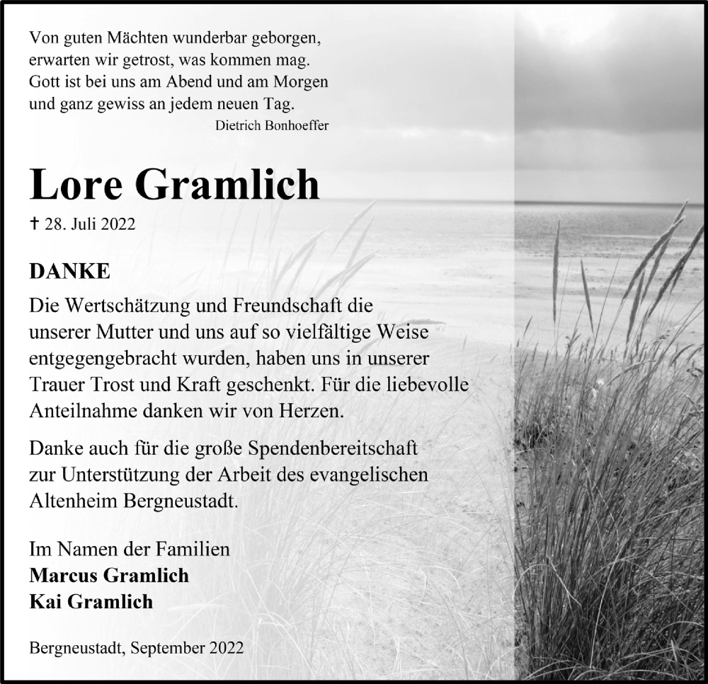  Traueranzeige für Lore Gramlich vom 16.09.2022 aus  Anzeigen Echo 