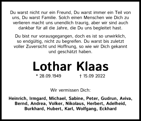 Anzeige von Lothar Klaas von Kölner Stadt-Anzeiger / Kölnische Rundschau / Express