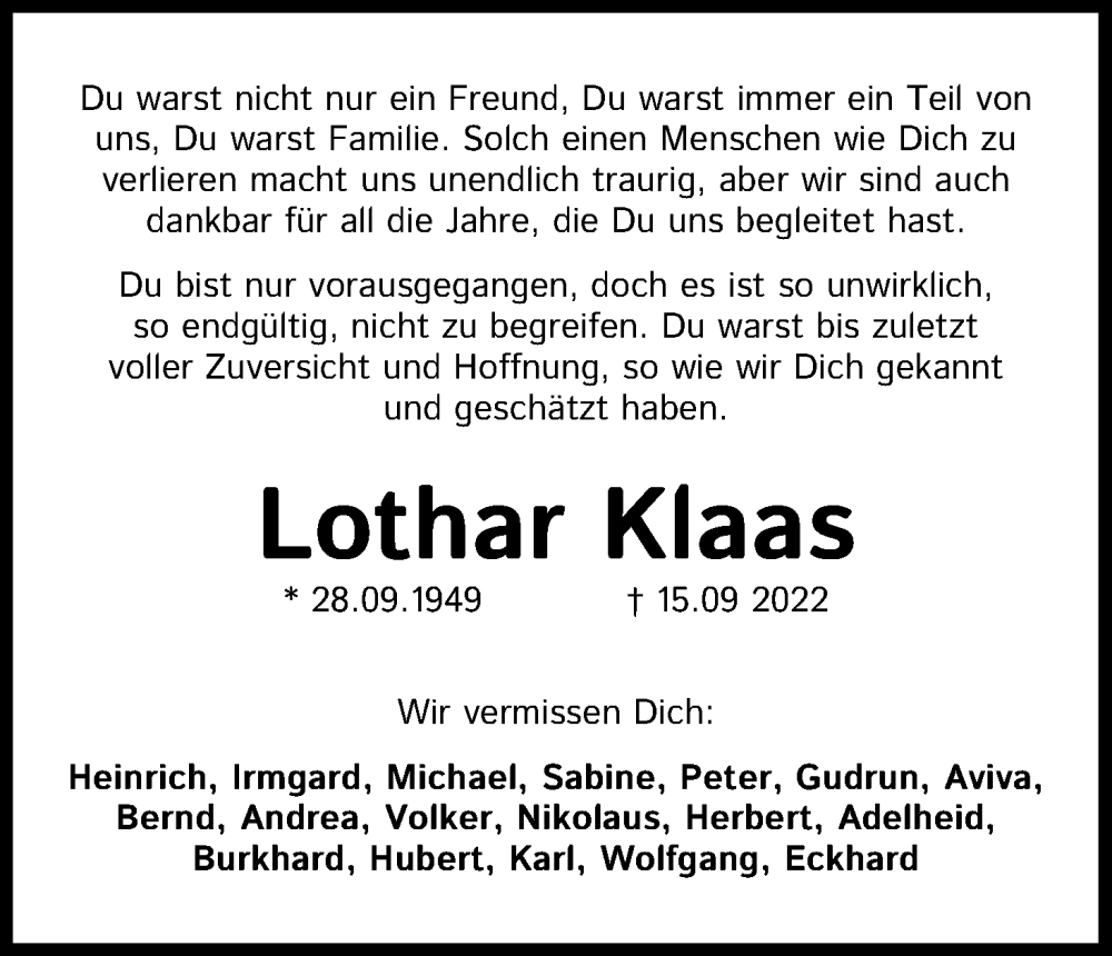  Traueranzeige für Lothar Klaas vom 24.09.2022 aus Kölner Stadt-Anzeiger / Kölnische Rundschau / Express