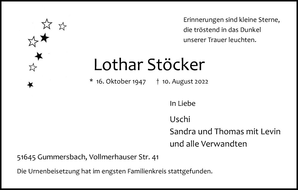  Traueranzeige für Lothar Stöcker vom 02.09.2022 aus Kölner Stadt-Anzeiger / Kölnische Rundschau / Express