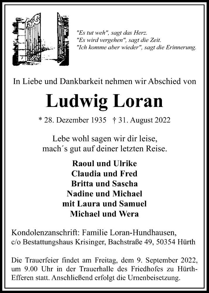  Traueranzeige für Ludwig Loran vom 07.09.2022 aus Kölner Stadt-Anzeiger / Kölnische Rundschau / Express