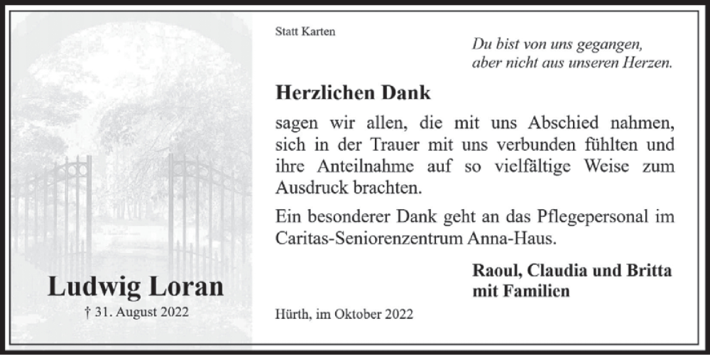  Traueranzeige für Ludwig Loran vom 30.09.2022 aus  Wochenende 