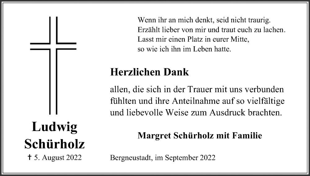  Traueranzeige für Ludwig Schürholz vom 03.09.2022 aus Kölner Stadt-Anzeiger / Kölnische Rundschau / Express