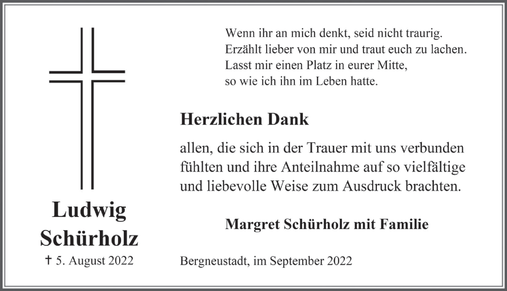  Traueranzeige für Ludwig Schürholz vom 02.09.2022 aus  Anzeigen Echo 