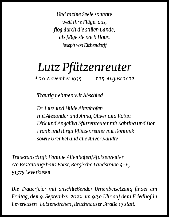 Anzeige von Lutz Pfützenreuter von Kölner Stadt-Anzeiger / Kölnische Rundschau / Express