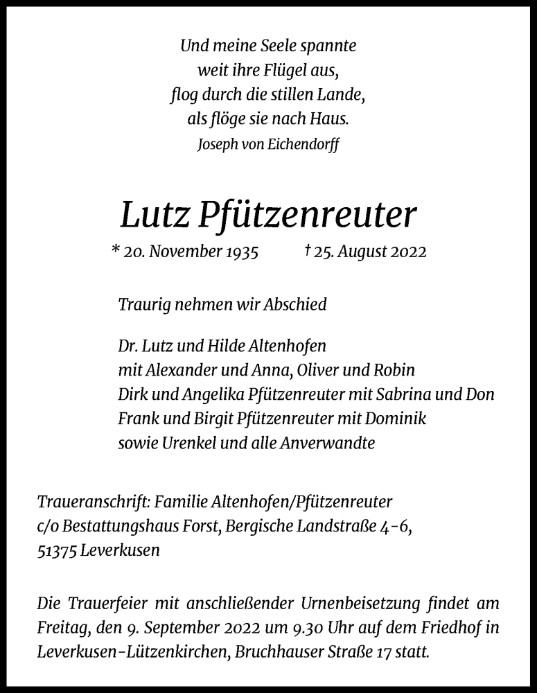  Traueranzeige für Lutz Pfützenreuter vom 03.09.2022 aus Kölner Stadt-Anzeiger / Kölnische Rundschau / Express