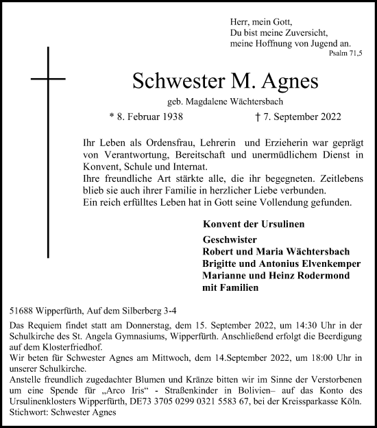 Anzeige von M. Agnes  von Kölner Stadt-Anzeiger / Kölnische Rundschau / Express