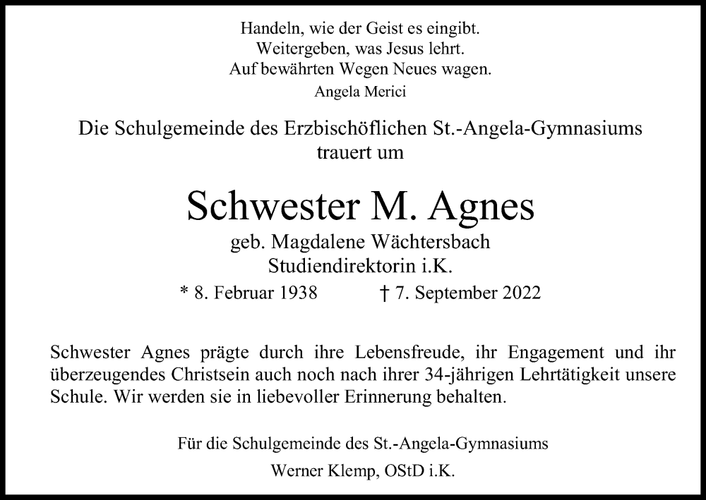 Traueranzeige für M. Agnes  vom 10.09.2022 aus Kölner Stadt-Anzeiger / Kölnische Rundschau / Express