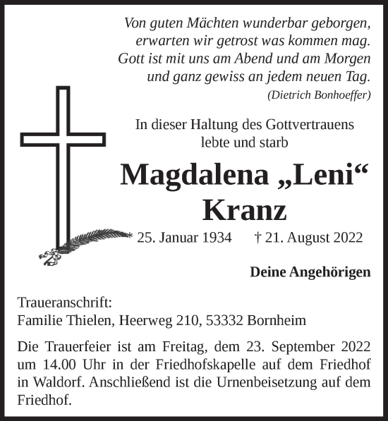 Anzeige von Magdalena Kranz von  Schaufenster/Blickpunkt 