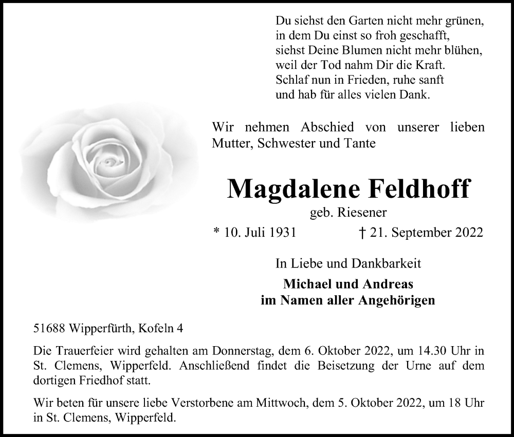  Traueranzeige für Magdalene Feldhoff vom 24.09.2022 aus Kölner Stadt-Anzeiger / Kölnische Rundschau / Express