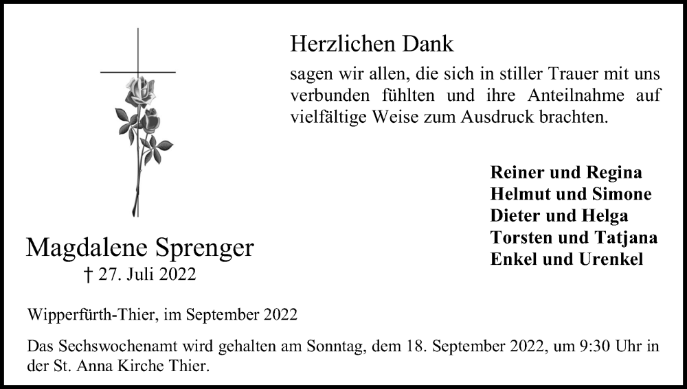  Traueranzeige für Magdalene Sprenger vom 10.09.2022 aus Kölner Stadt-Anzeiger / Kölnische Rundschau / Express