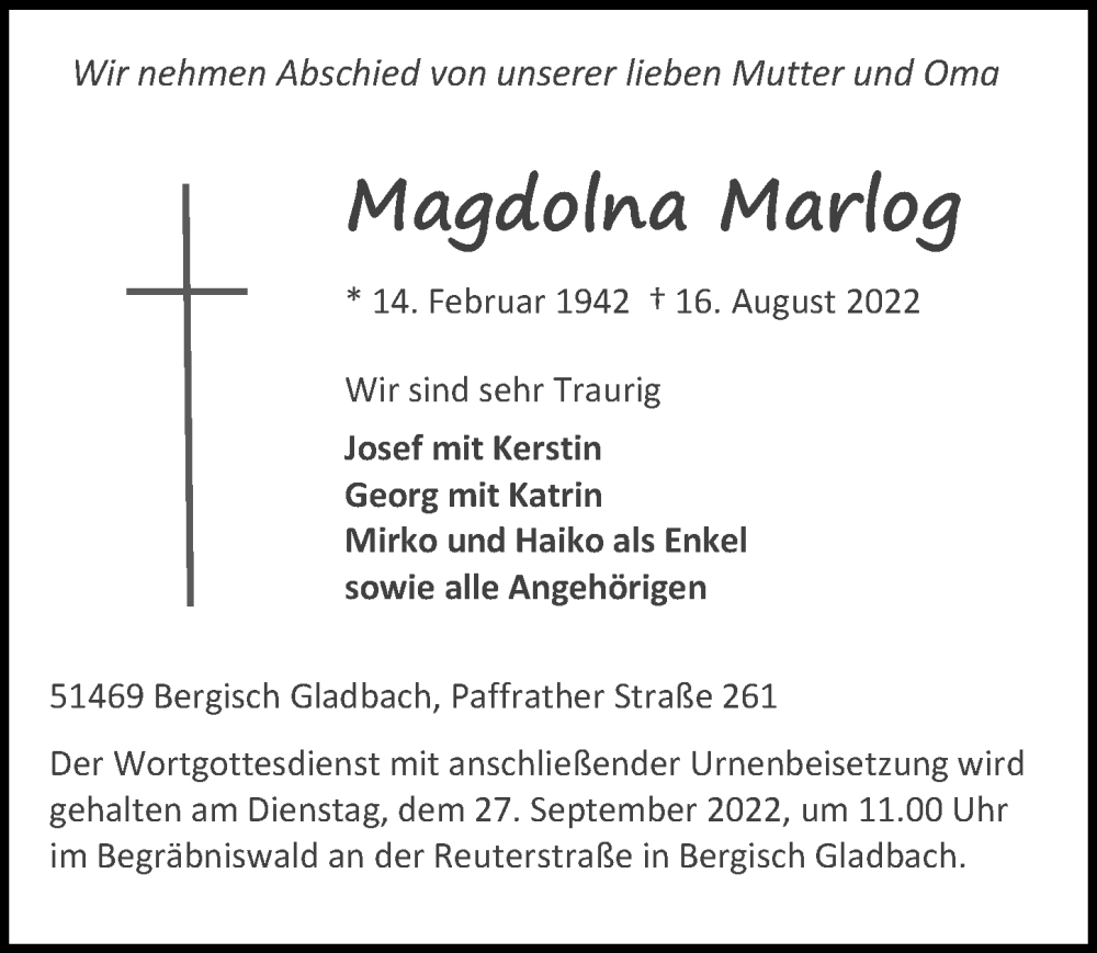  Traueranzeige für Magdolna Marlog vom 09.09.2022 aus  Bergisches Handelsblatt 