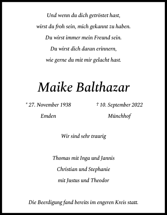 Anzeige von Maike Balthazar von Kölner Stadt-Anzeiger / Kölnische Rundschau / Express