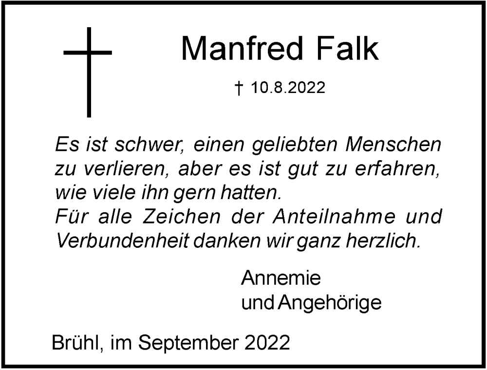  Traueranzeige für Manfred Falk vom 09.09.2022 aus  Schlossbote/Werbekurier 