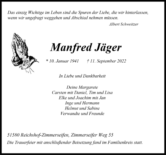 Anzeige von Manfred Jäger von  Anzeigen Echo 