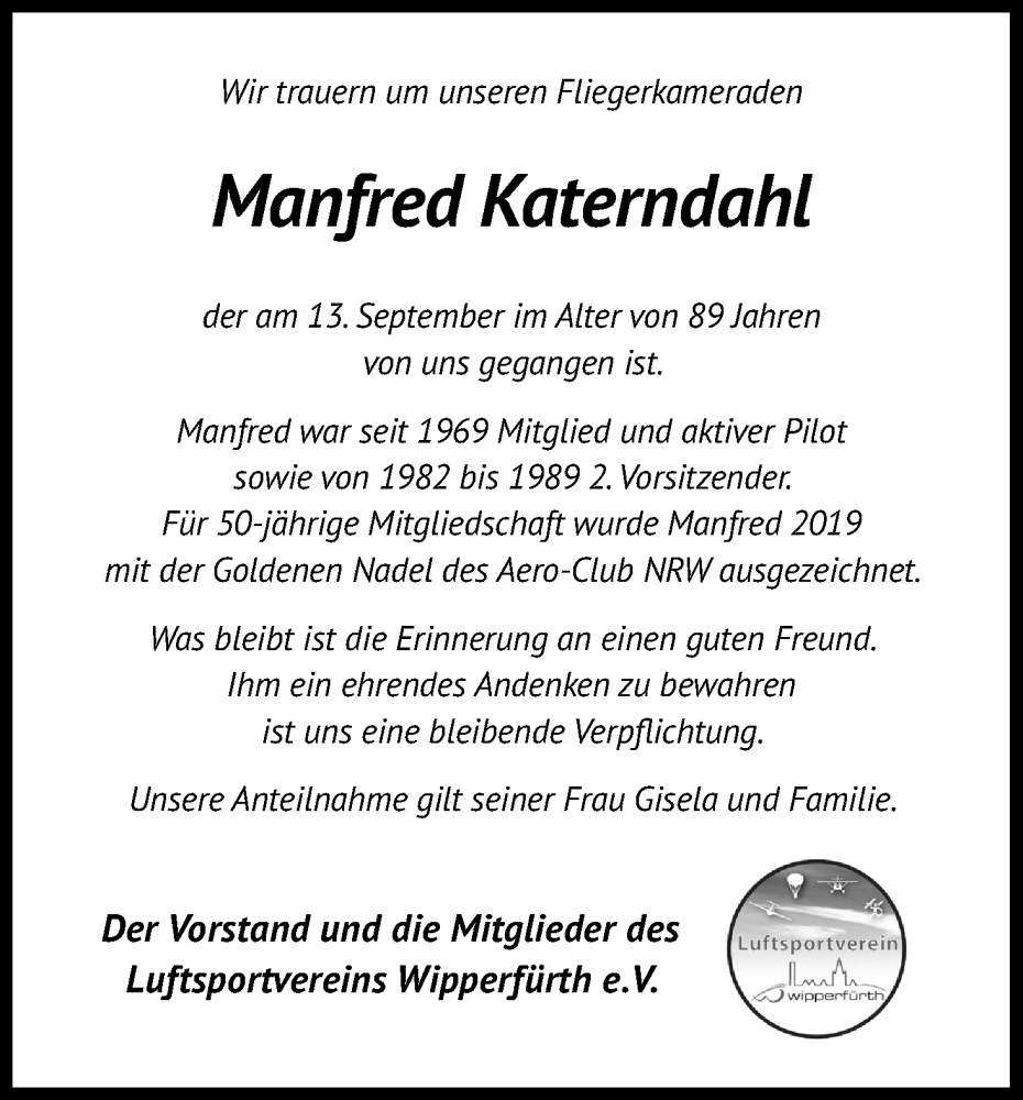  Traueranzeige für Manfred Katerndahl vom 17.09.2022 aus Kölner Stadt-Anzeiger / Kölnische Rundschau / Express