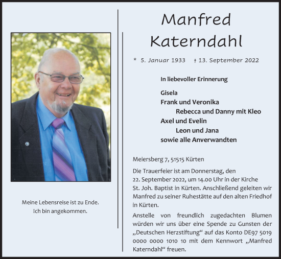 Anzeige von Manfred Katerndahl von Kölner Stadt-Anzeiger / Kölnische Rundschau / Express