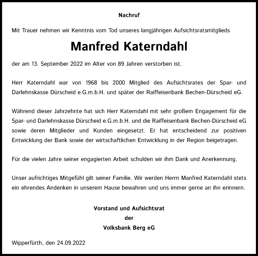  Traueranzeige für Manfred Katerndahl vom 24.09.2022 aus Kölner Stadt-Anzeiger / Kölnische Rundschau / Express