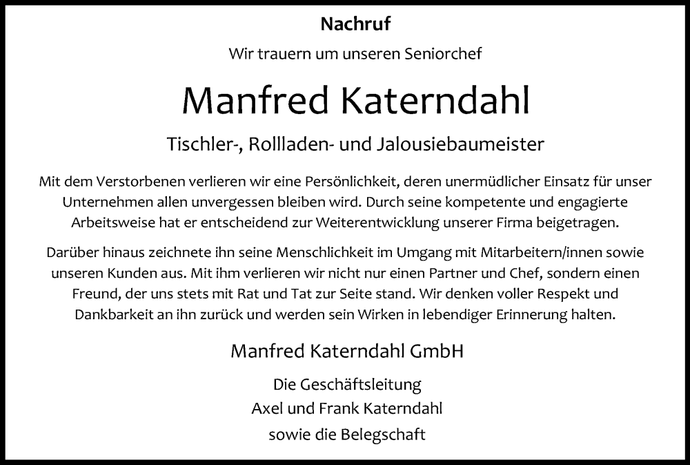  Traueranzeige für Manfred Katerndahl vom 17.09.2022 aus Kölner Stadt-Anzeiger / Kölnische Rundschau / Express
