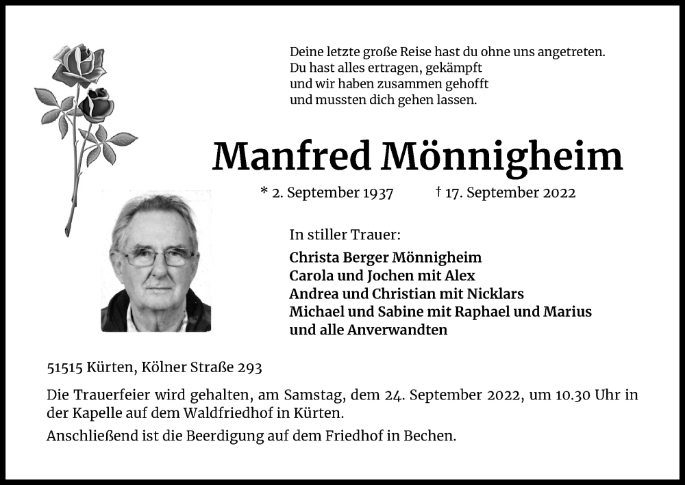  Traueranzeige für Manfred Mönnigheim vom 21.09.2022 aus Kölner Stadt-Anzeiger / Kölnische Rundschau / Express