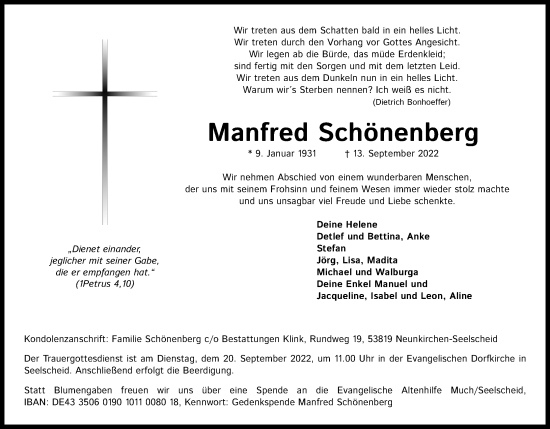 Anzeige von Manfred Schönenberg von Kölner Stadt-Anzeiger / Kölnische Rundschau / Express