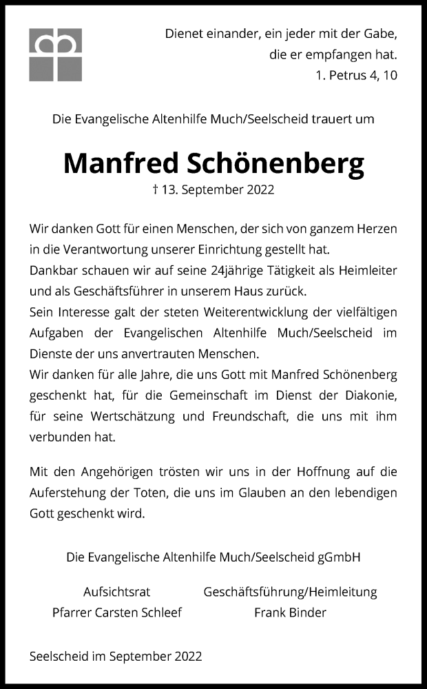  Traueranzeige für Manfred Schönenberg vom 26.09.2022 aus Kölner Stadt-Anzeiger / Kölnische Rundschau / Express