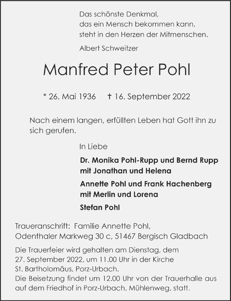  Traueranzeige für Manfred Peter Pohl vom 23.09.2022 aus  EXPRESS - Die Woche 