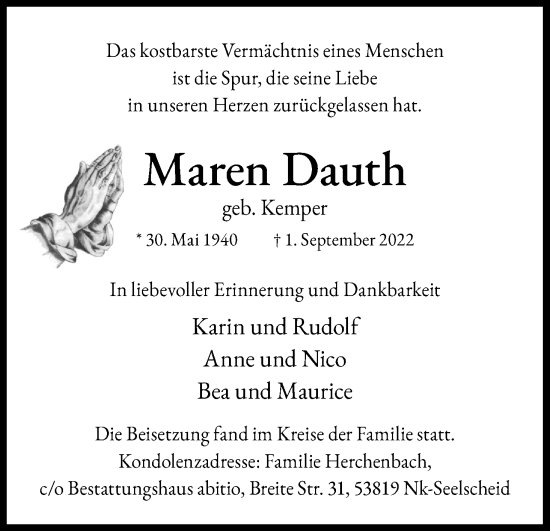 Anzeige von Maren Dauth von Kölner Stadt-Anzeiger / Kölnische Rundschau / Express