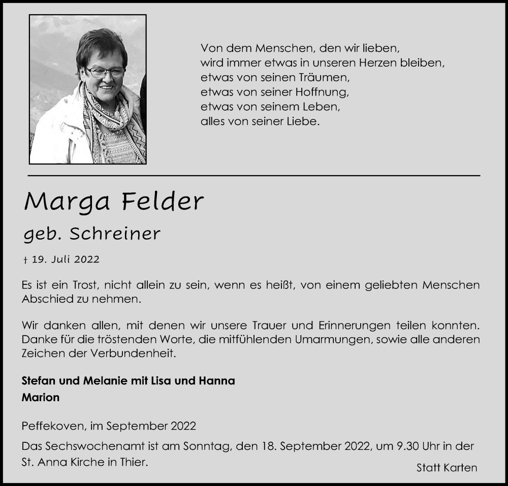  Traueranzeige für Marga Felder vom 10.09.2022 aus Kölner Stadt-Anzeiger / Kölnische Rundschau / Express