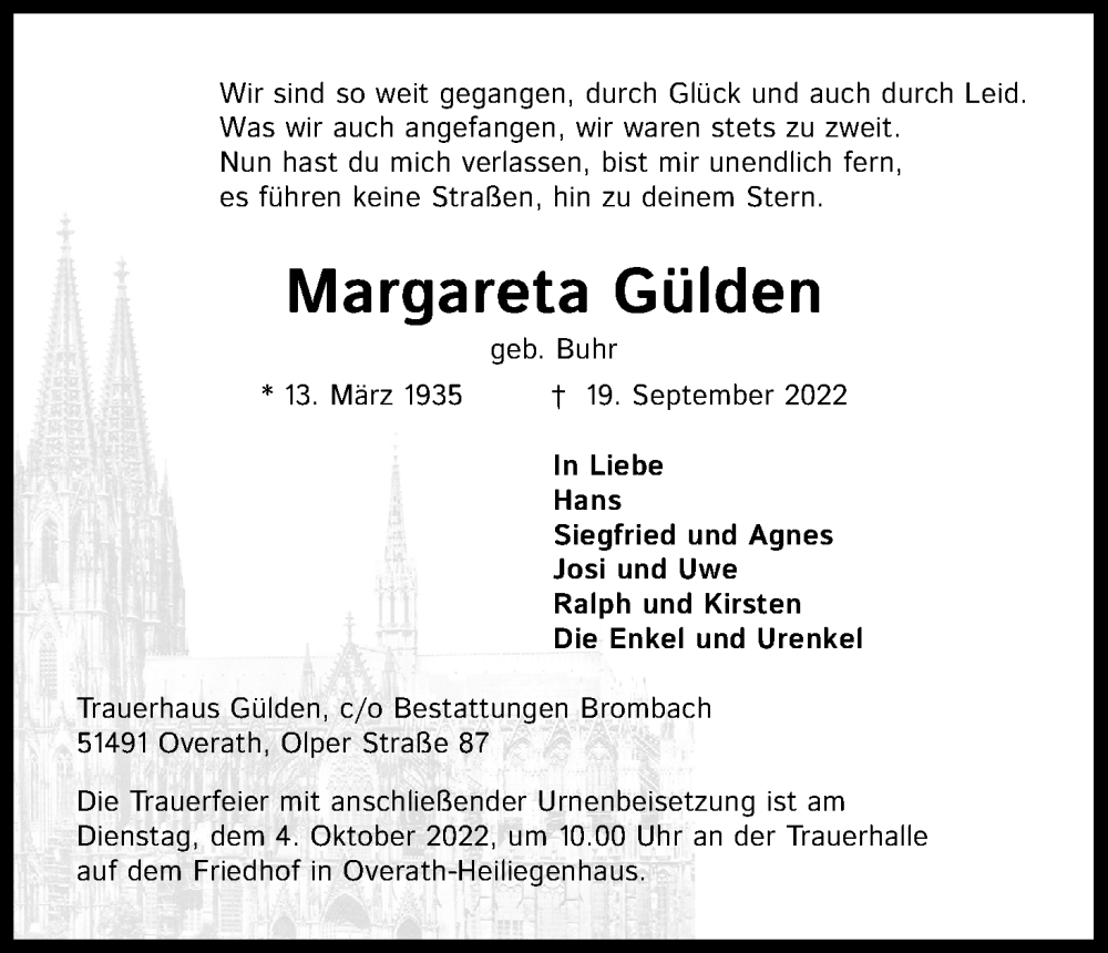  Traueranzeige für Margareta Gülden vom 24.09.2022 aus Kölner Stadt-Anzeiger / Kölnische Rundschau / Express