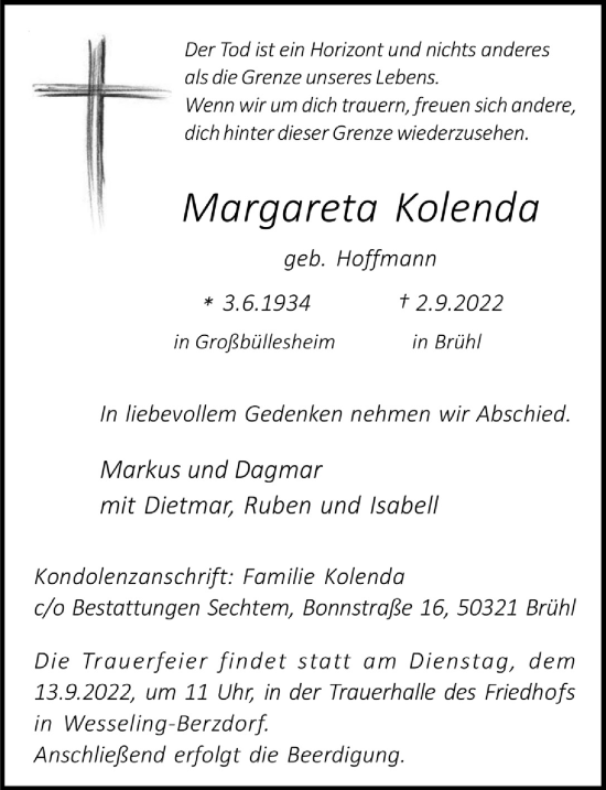 Anzeige von Margareta Kolenda von  Schlossbote/Werbekurier 