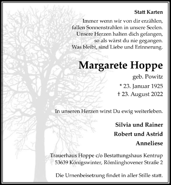 Anzeige von Margarete Hoppe von  Extra Blatt 