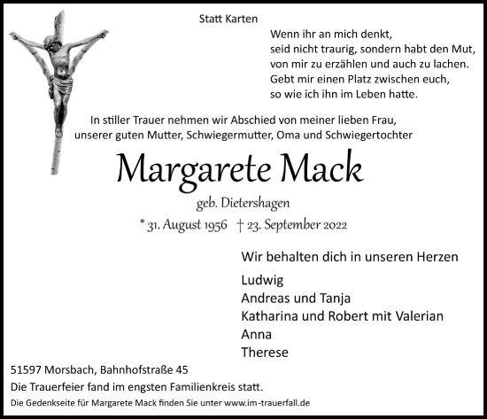 Anzeige von Margarete Mack von  Lokalanzeiger 