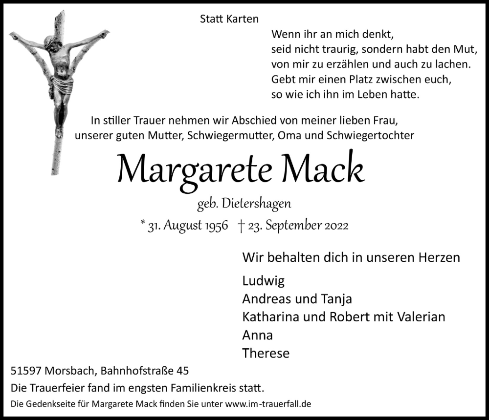 Traueranzeige für Margarete Mack vom 30.09.2022 aus  Lokalanzeiger 
