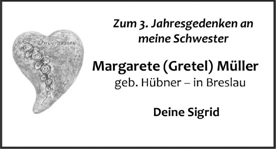 Anzeige von Margarete Müller von  Anzeigen Echo 