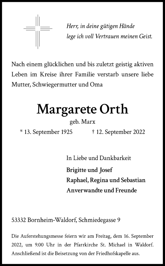 Anzeige von Margarete Orth von Kölner Stadt-Anzeiger / Kölnische Rundschau / Express