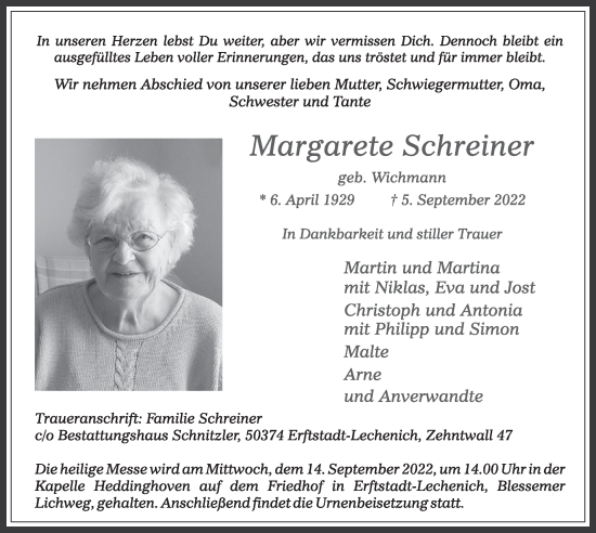 Anzeige von Margarete Schreiner von  Werbepost 