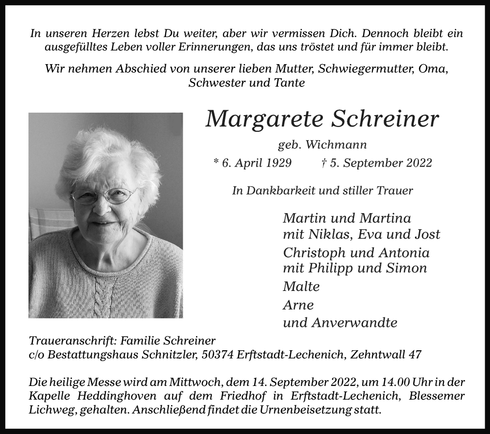  Traueranzeige für Margarete Schreiner vom 10.09.2022 aus Kölner Stadt-Anzeiger / Kölnische Rundschau / Express