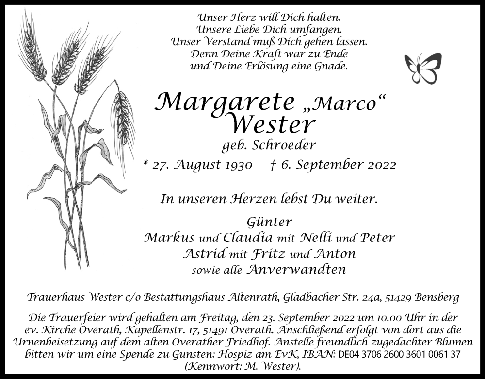  Traueranzeige für Margarete Wester vom 10.09.2022 aus Kölner Stadt-Anzeiger / Kölnische Rundschau / Express