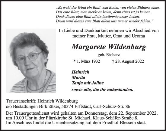 Anzeige von Margarete Wildenburg von  Werbepost 