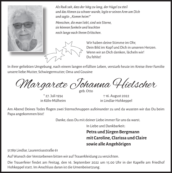 Anzeige von Margarete Johanna Hielscher von  Anzeigen Echo 
