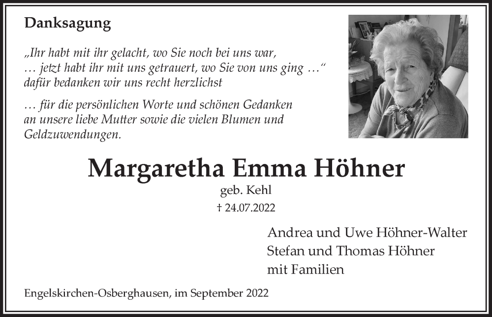  Traueranzeige für Margaretha Emma Höhner vom 02.09.2022 aus  Anzeigen Echo 