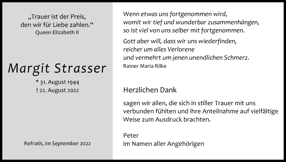 Traueranzeige für Margit Strasser vom 24.09.2022 aus Kölner Stadt-Anzeiger / Kölnische Rundschau / Express