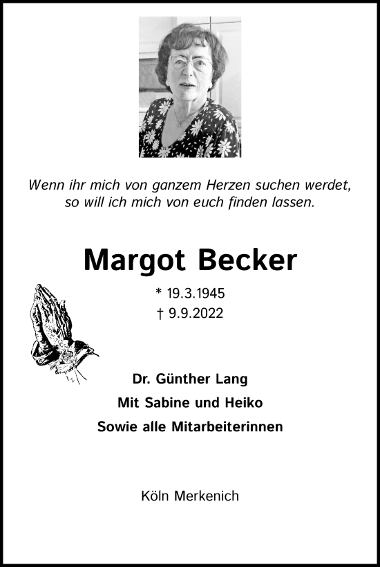 Anzeige von Margot Becker von Kölner Stadt-Anzeiger / Kölnische Rundschau / Express