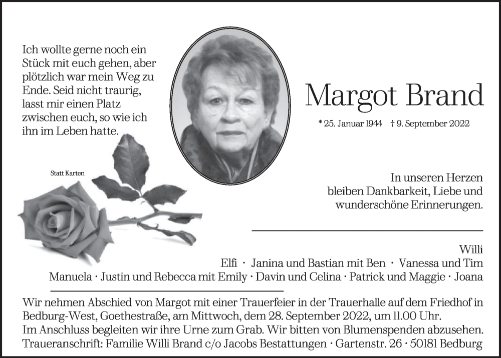  Traueranzeige für Margot Brand vom 23.09.2022 aus  Werbepost 