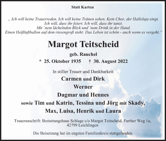 Anzeige von Margot Teitscheid von Kölner Stadt-Anzeiger / Kölnische Rundschau / Express